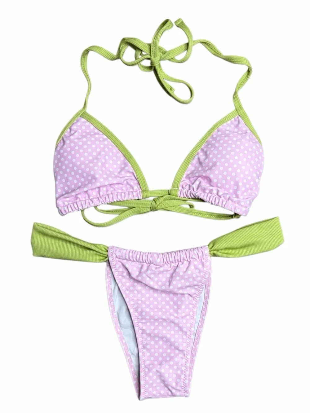 Pink Polka Dot Bikini with Lime Green Trim Small